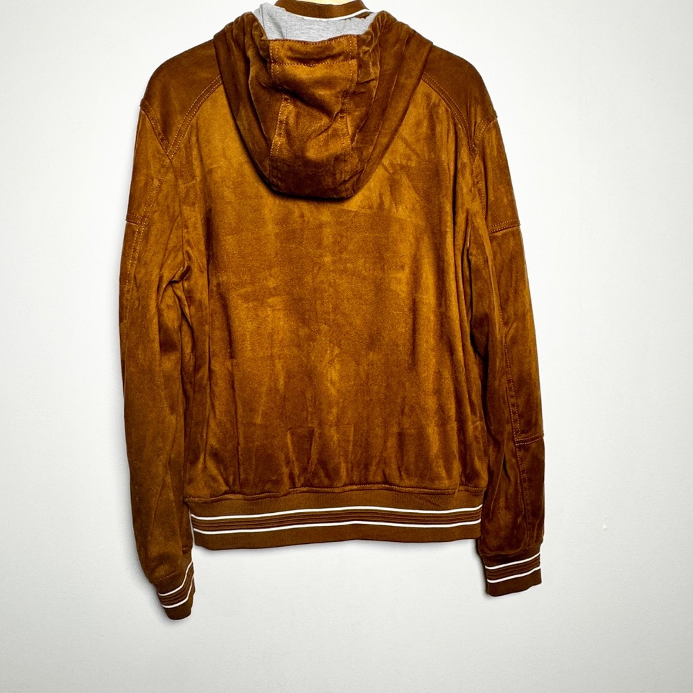 Zara Men's Faux Suede Brown Varsity Bomber Jacket w Hoodie Sz Medium - Picture 9 of 11